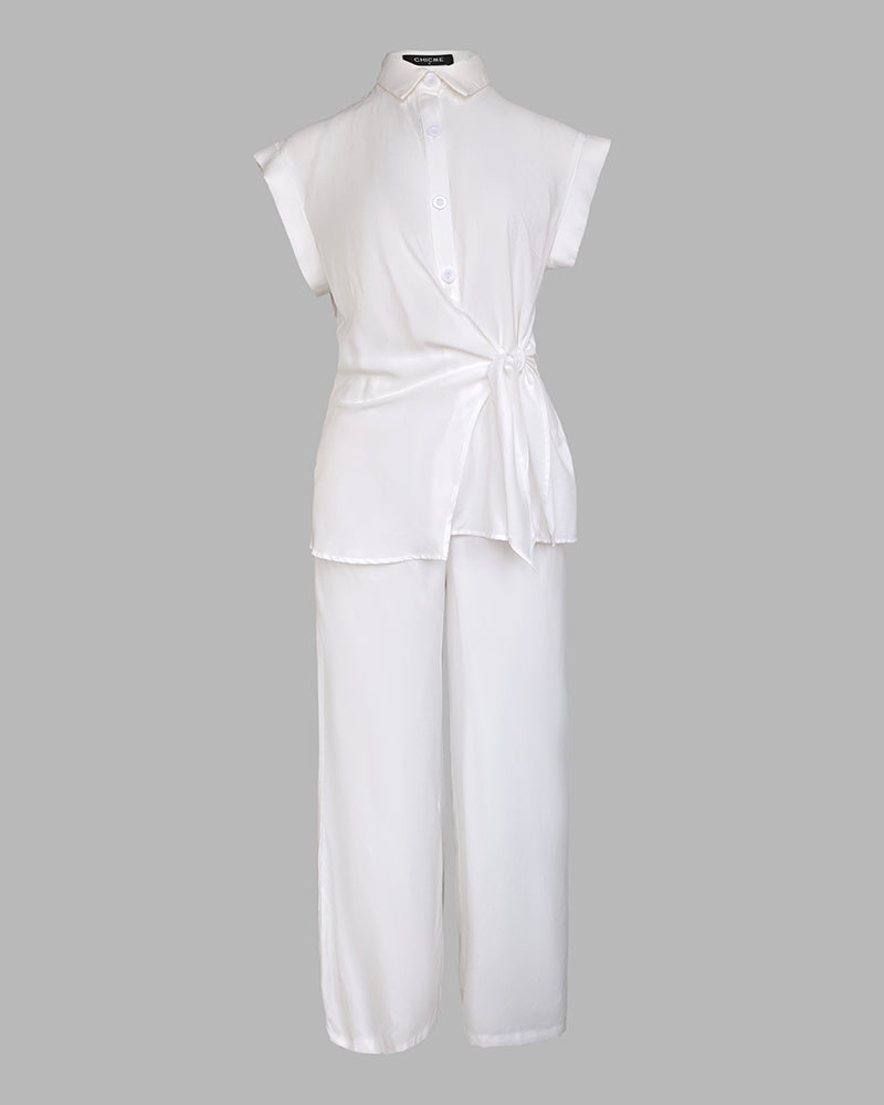 2 Pieces Outfit Turn-down Collar Cap Sleeve Button Front Tied Detail Top and Casual Zipper Fly Elastic Back Waist Wide-Leg Pants Set