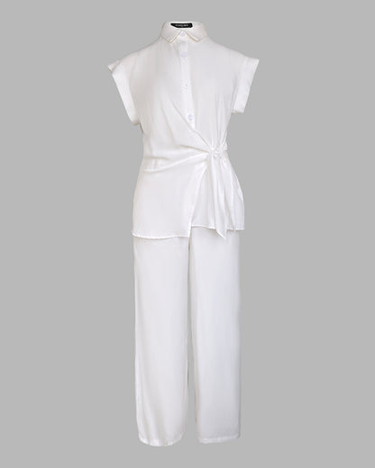 2 Pieces Outfit Turn-down Collar Cap Sleeve Button Front Tied Detail Top and Casual Zipper Fly Elastic Back Waist Wide-Leg Pants Set
