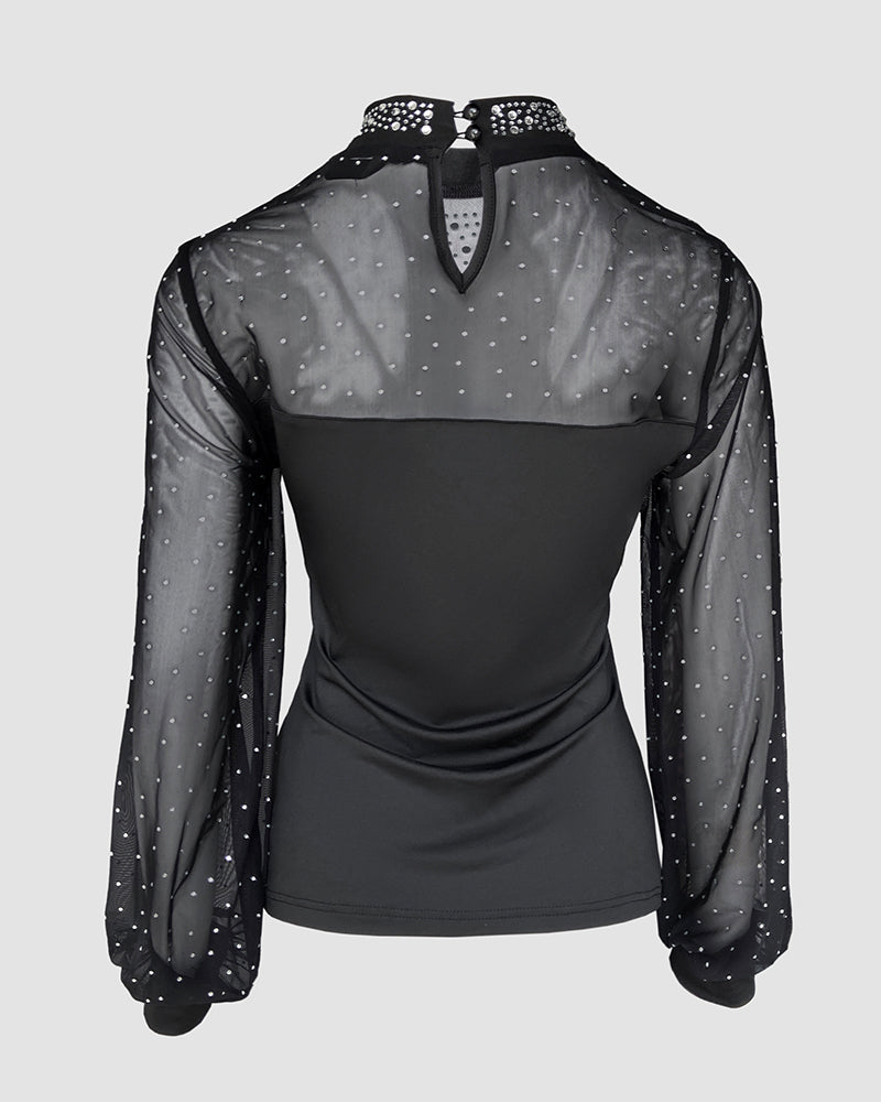 Rhinestone Decor Mock Neck Lantern Sleeve Sheer Mesh Spliced Tee Hollow-out Back Slim Fit Top
