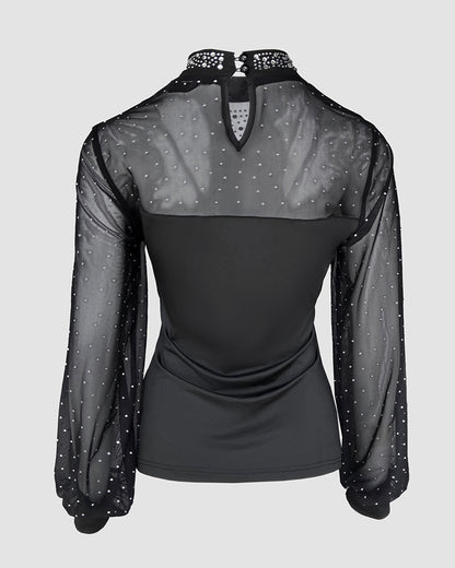 Rhinestone Decor Mock Neck Lantern Sleeve Sheer Mesh Spliced Tee Hollow-out Back Slim Fit Top