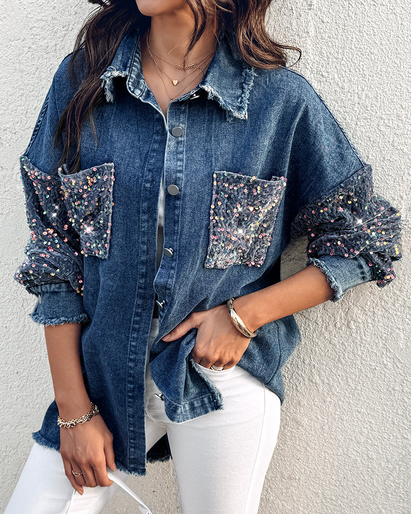 Turn-down Collar Contrast Sequin Long Sleeve Fringe Hem Denim Jacket Casual Coat