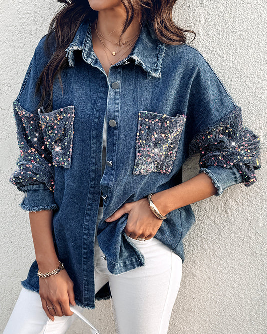 Turn-down Collar Contrast Sequin Long Sleeve Fringe Hem Denim Jacket Casual Coat