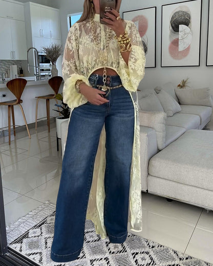 Mock Neck Lantern Sleeve High-Low Hem Floral Lace Sheer Top