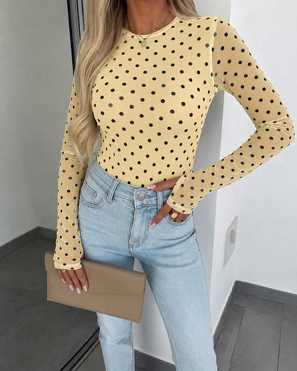 Women's Mesh Polka Dot Top Lined Sheer Long Sleeve Tee Crewneck Slim Fit Layering Under Base Top with Thumbholes