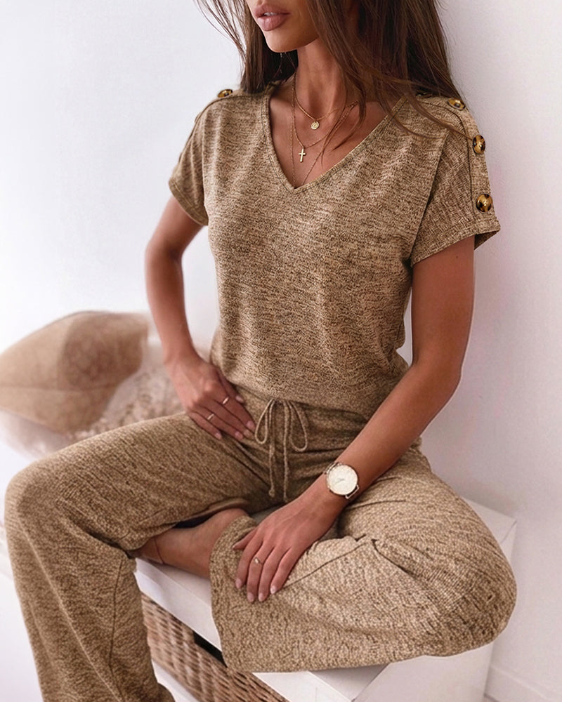Women's 2-Piece Lounge Set V-Neck Button Decor Top and Wide-Leg Pants with Pockets Relaxed Casual Outfits