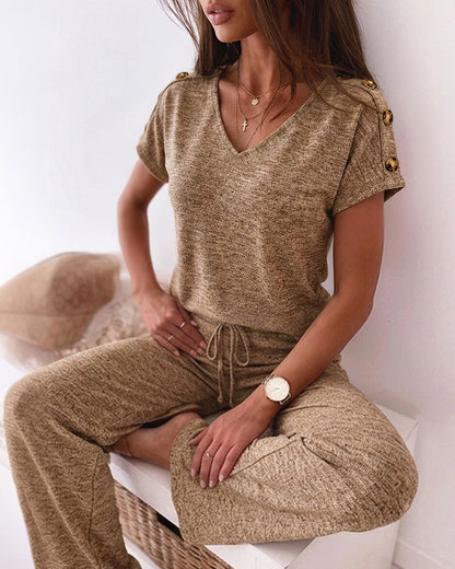 Women's 2-Piece Lounge Set V-Neck Button Decor Top and Wide-Leg Pants with Pockets Relaxed Casual Outfits