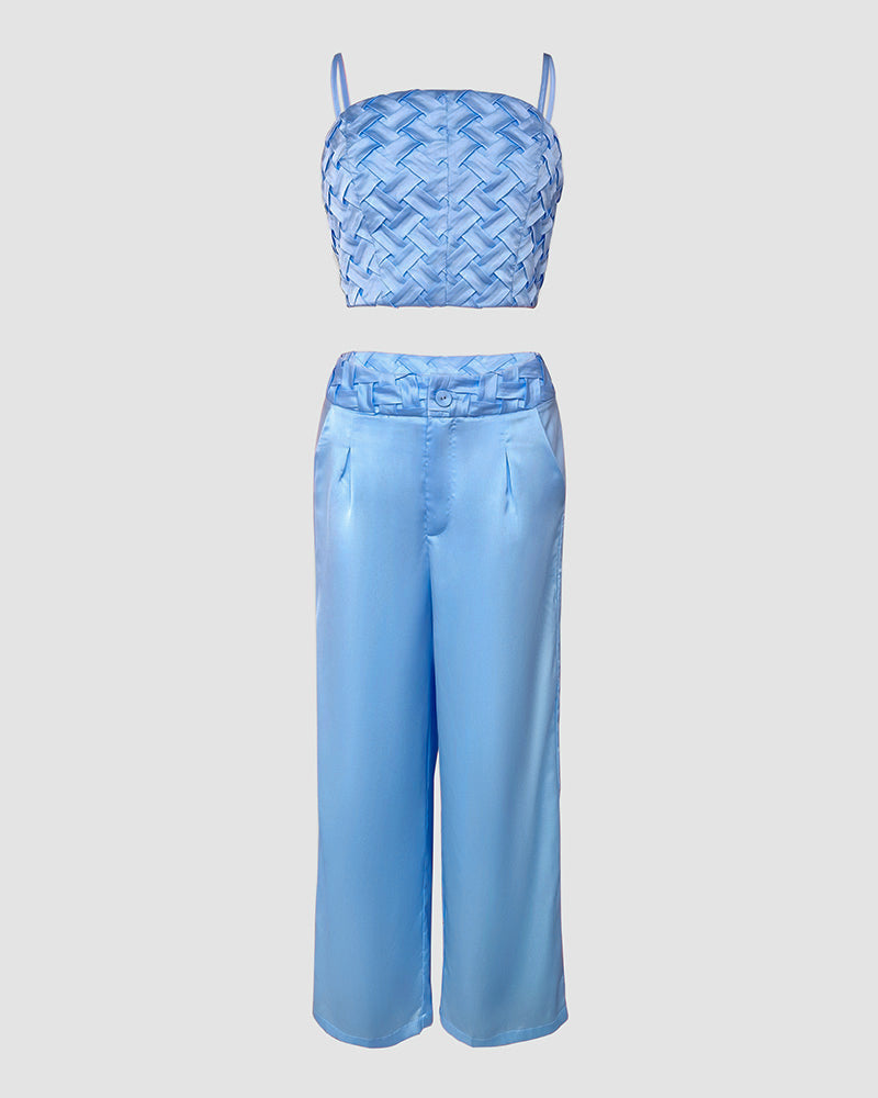 2 Pieces Outfit Weaving Textured Spaghetti Strap Crop Top and Casual Wide Leg Pants Set