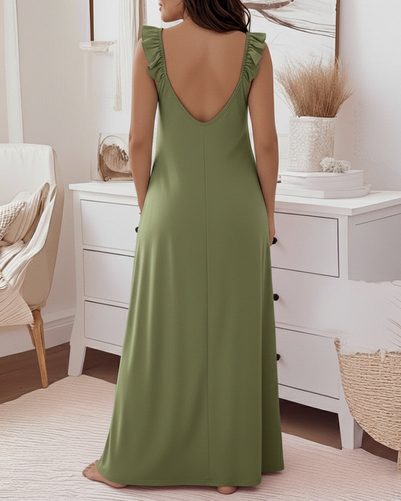 Faith Letter Print U-Neck Ruffles Straps Maxi Dress Casual Backless Loose Fit Dress