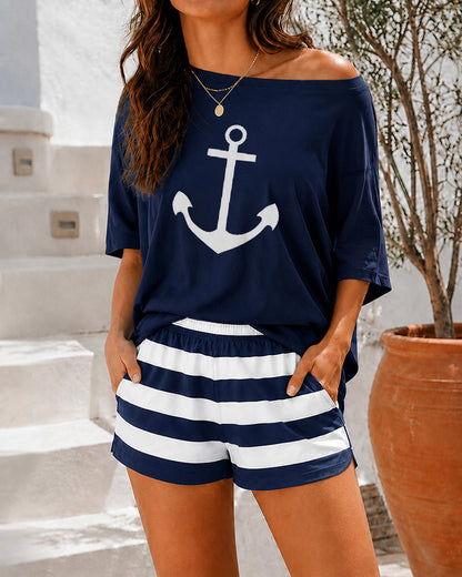 Women's Loungewear Set Anchor Print Side Slit Top and Striped Shorts Set Casual Pajamas Set with Pockets
