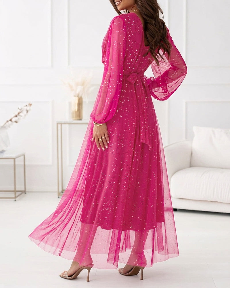 Women's Glitter Mesh Maxi Dress Feather Embellished Overlap V-Neck Lantern Sleeve Formal Dress Elegant Evening Gown