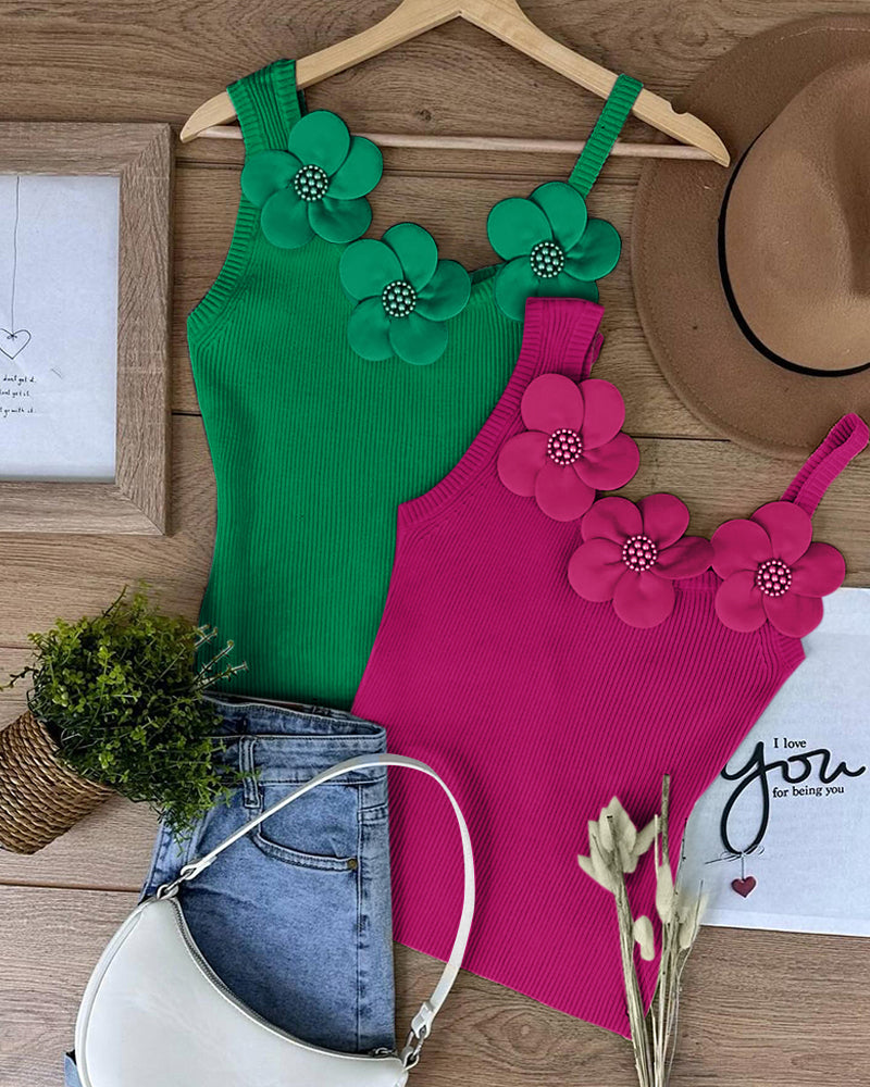 2 Pack Solid 3D Flower Tank Top Asymmetrical Neck Sleeveless Casual Ribbed Knit Camisole