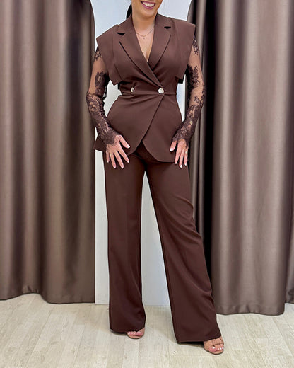 2 Pieces Outfit Contrast Lace Long Sleeve Notched Collar Top and Casual Wide Leg Pants Set