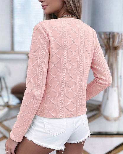 Women's French Style Cropped Jacket Round Neck Gold Button Coat Argyle Cable Jacquard Knit Outerwear