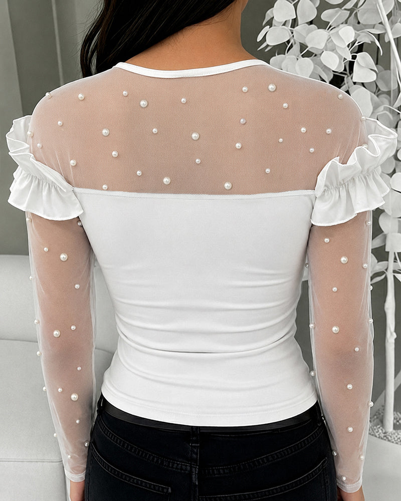 Women's Pearls Sheer Mesh Spliced Long Sleeve Ruffle Slim Fit Top