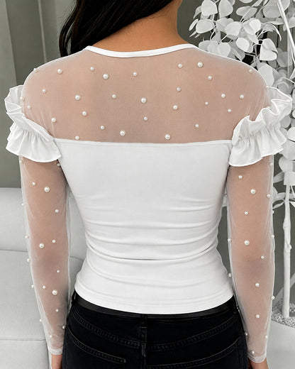Women's Pearls Sheer Mesh Spliced Long Sleeve Ruffle Slim Fit Top