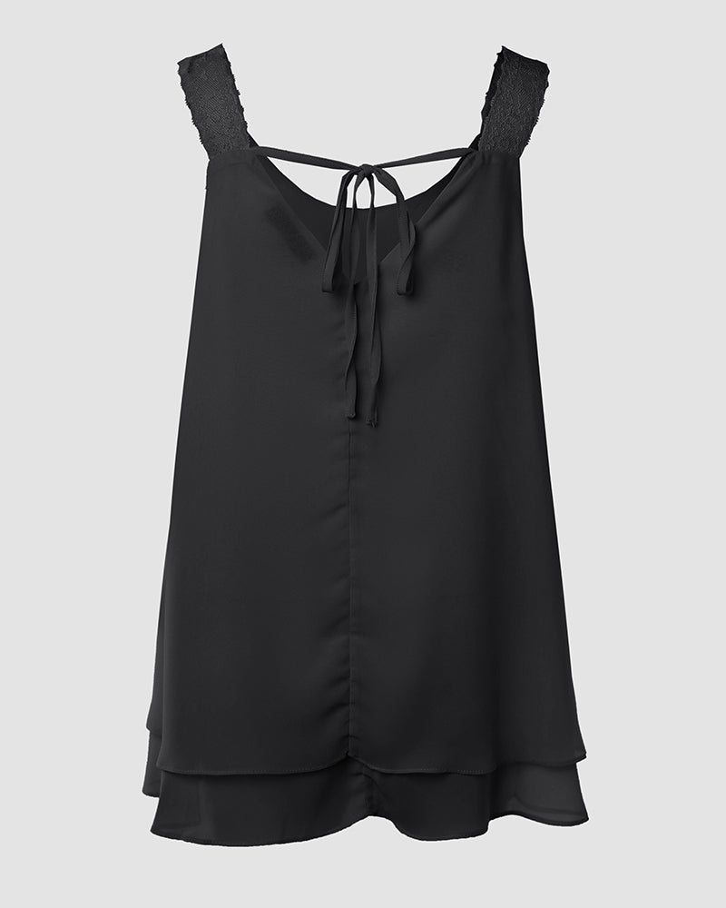 U-Neck Thick Strap Tank Contrast Lace Tied Detail Top