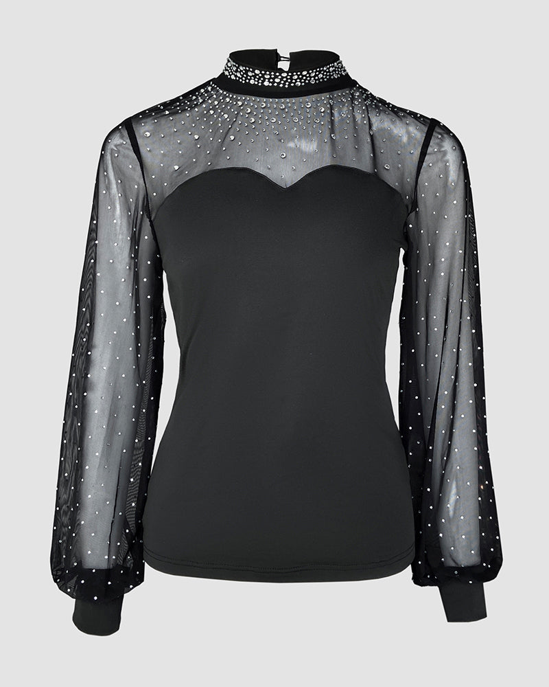 Rhinestone Decor Mock Neck Lantern Sleeve Sheer Mesh Spliced Tee Hollow-out Back Slim Fit Top