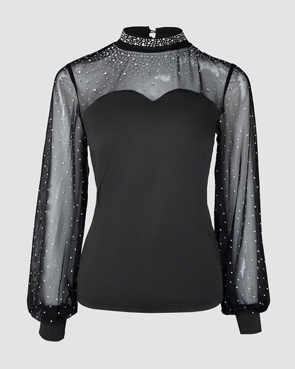 Rhinestone Decor Mock Neck Lantern Sleeve Sheer Mesh Spliced Tee Hollow-out Back Slim Fit Top