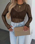 Women's Jacquard Textured Sheer Lace Long Sleeve Top Crewneck Slim Fit Tee with Thumb Holes
