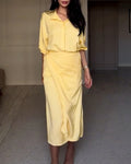Women's Faux Two Piece Shirt Dress Wrap Lace-up Tie Waist Midi Dress Long Sleeve Slit Casual Dress