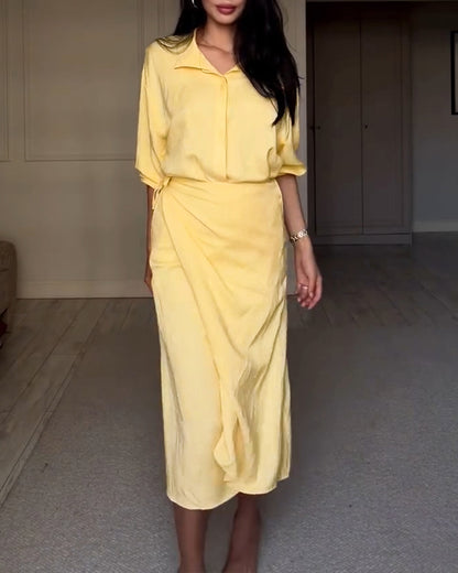 Women's Faux Two Piece Shirt Dress Wrap Lace-up Tie Waist Midi Dress Long Sleeve Slit Casual Dress