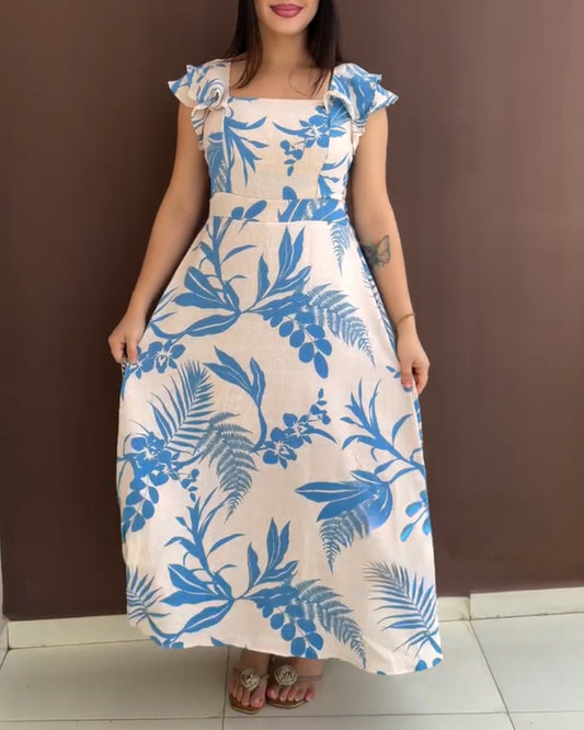 Tropical Plants Print Square Neck Flutter Sleeve Backless Maxi Dress Casual Shirred Back Cinched Waist Vacation Dress