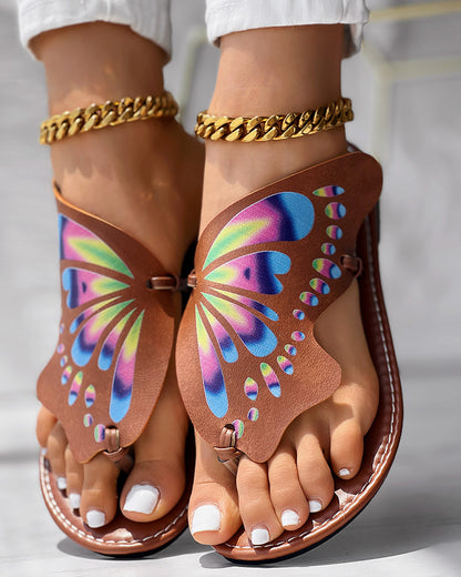 Colorblock Butterfly Print Toe Post Slippers