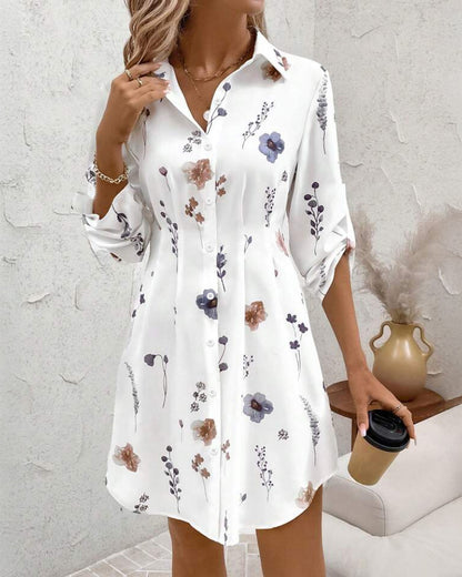 Watercolor Floral Print Turn-down Collar Turn-Up Sleeves Shirred Back Shirt Dress Casual Button Down Cinched Waist Asymmetrical Hem Vacation Dress