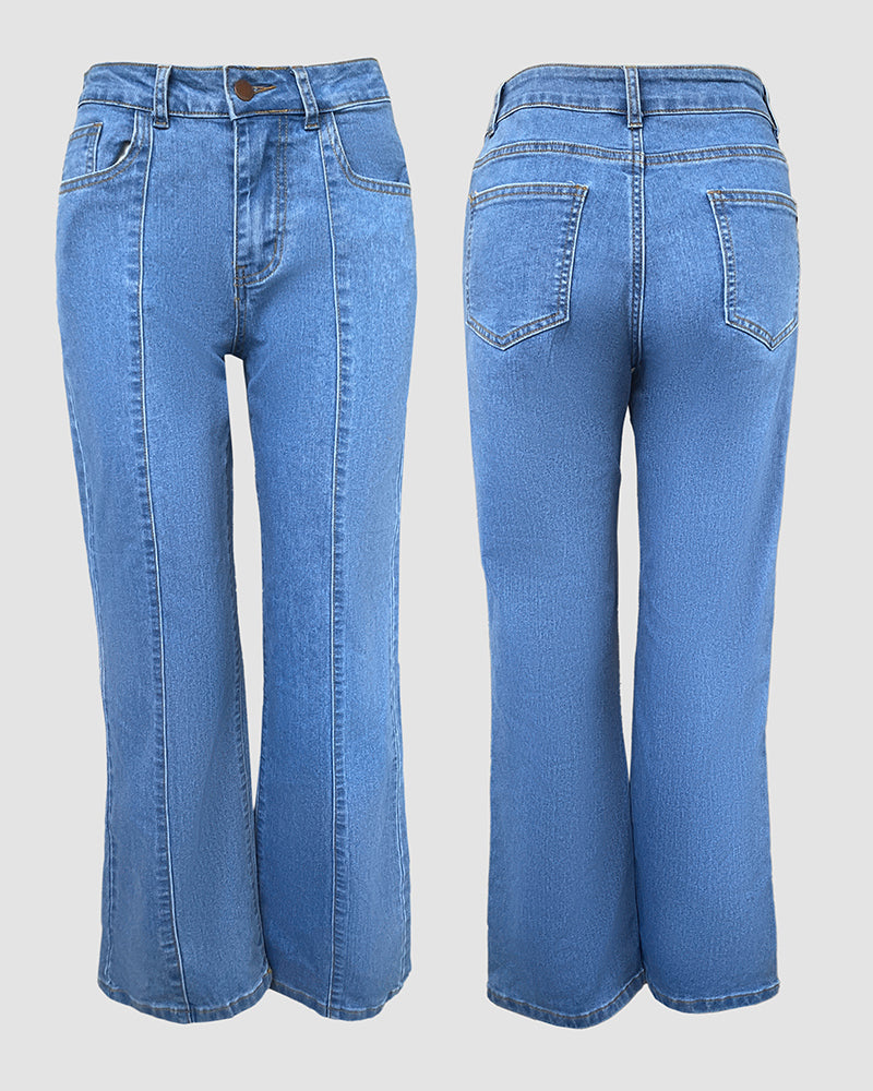 Seam Front High Wait Straight Leg Denim Pants Casual Zipper Fly Jeans