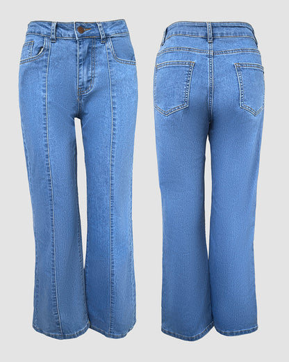 Seam Front High Wait Straight Leg Denim Pants Casual Zipper Fly Jeans