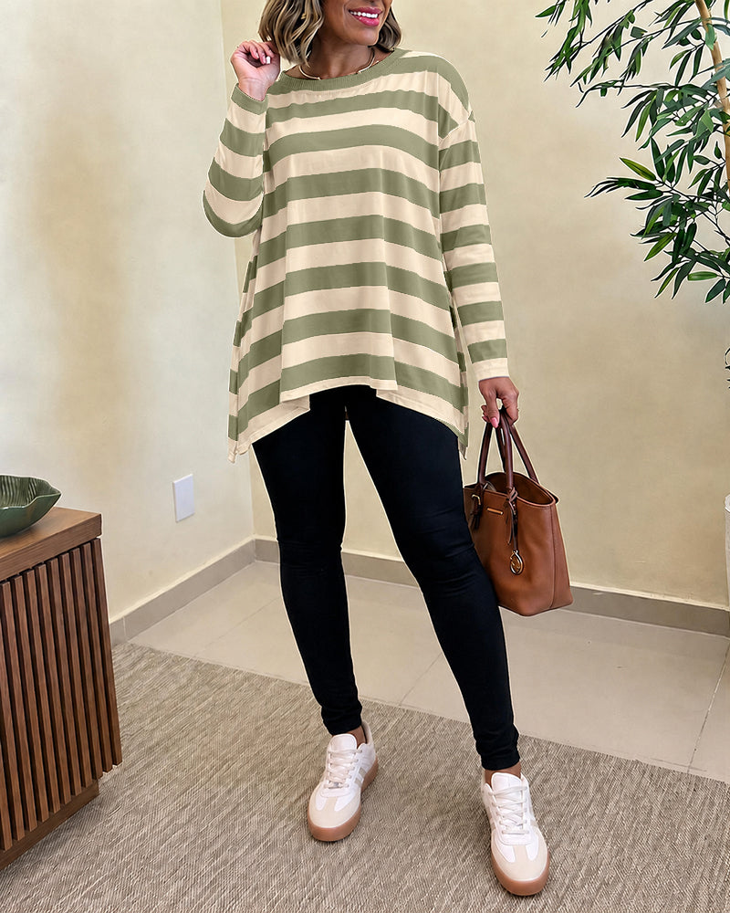 Women's Striped T Shirt Long Sleeve Drop Shoulder Crewneck Tee Side Slit Casual Loose Fit Top