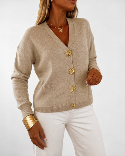 Women's Gold Button Knit Cardigan V Neck Sweater with Pockets
