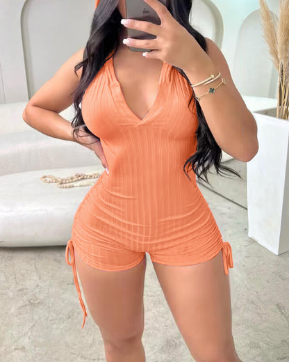 Side Drawstring Slim Fit Sleeveless Hooded Romper