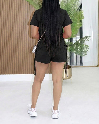 Women's Two Piece Outfit Abstract Face Graphic T Shirt Side Drawstring Top and Elastic Waist Shorts Lounge Matching Set