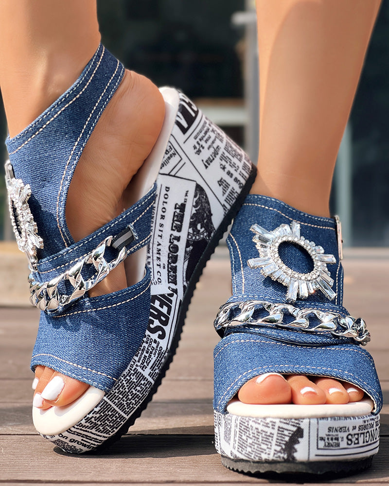 Newspaper Rhinestone Gear Pattern Slingback Platform Wedge Sandals