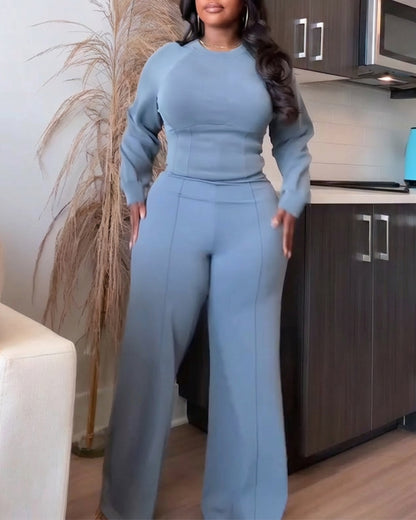 2 Pieces Outfit O-neck Long Sleeve Cinched Waist Sweatshirt and Elastic Waist Wide Leg Pants Set Casual Seam Design Sweatpants Set