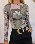 Women's Sheer Mesh Floral Print Mock Neck Frill Trim Long Sleeve Top