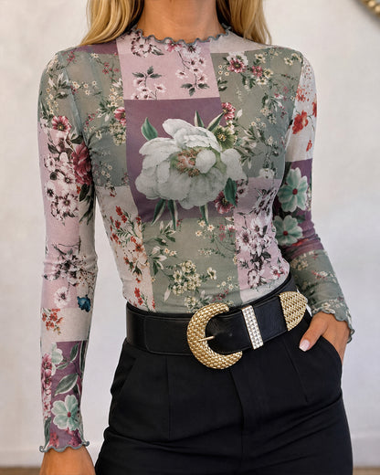 Women's Sheer Mesh Floral Print Mock Neck Frill Trim Long Sleeve Top