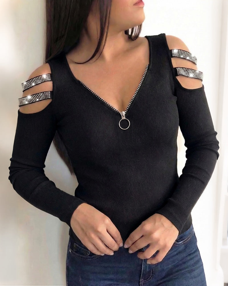 Women's Sexy Cold Shoulder Rib-Knit Top Rhinestone Strappy Long Sleeve V-Neck Zipper Slim Fit Pullover