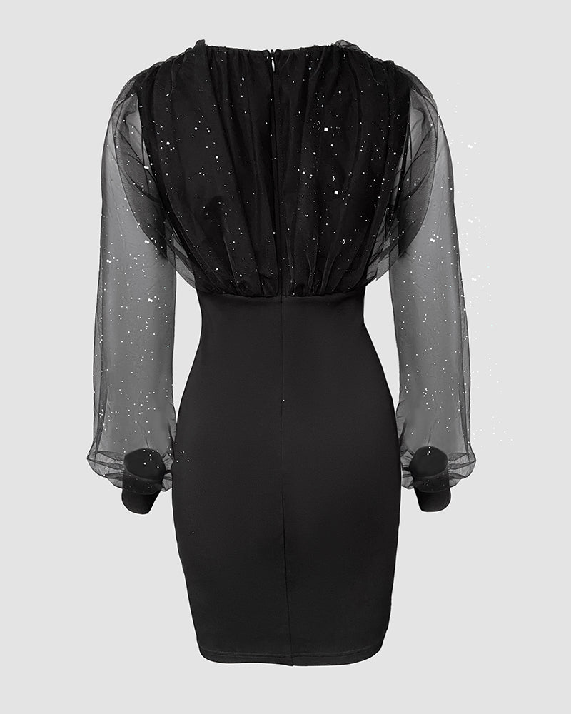 Glitter Sheer Mesh Spliced Overlap V-Neck Mesh Lantern Sleeve Mini Party Dress Ruched Zipper Back Slim Fit Evening Dress