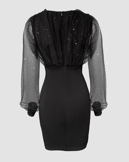 Glitter Sheer Mesh Spliced Overlap V-Neck Mesh Lantern Sleeve Mini Party Dress Ruched Zipper Back Slim Fit Evening Dress