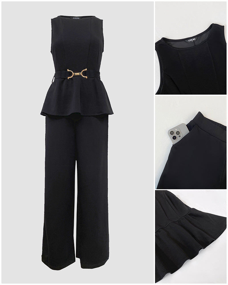 Women's 2 Piece Outfits Sleeveless Peplum Top and Wide Leg Pants Set Elegant Gold Belt Business Work Suits