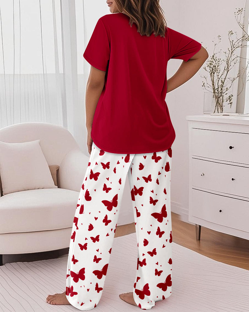 Valentine's Day 2 Pieces Outfit Round Neck Short Sleeve Top and Elastic Waist Pants Set Casual Heart & Butterfly Print Loose Fit Pajamas Set