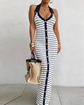 Women's Striped Halter Neck Ribbed Maxi Dress Elegant Gold Button Backless Deep V Lapel Collar Bodycon Dress