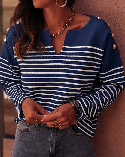 Women's Striped Knit Top Notch Neck Gold Button Drop Shoulder Long Sleeve Sweater