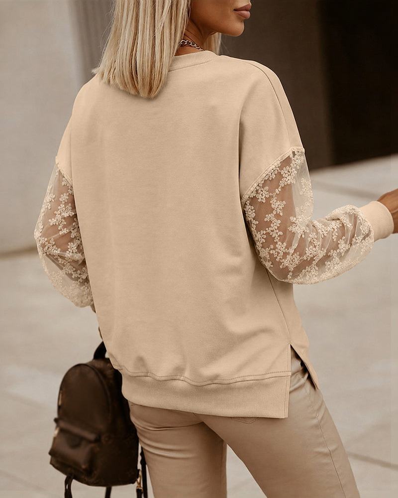 Women's Lace Patchwork Sweatshirt Loose Crewneck Drop Shoulder Pullover Long Sleeve Side Slit Casual Top