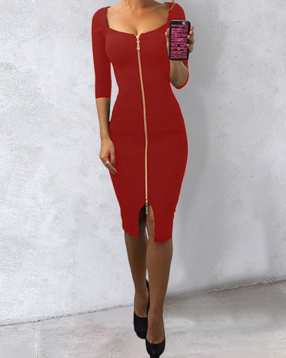 Square Neck Half Sleeves Bodycon Dress Full Front Zip Split Midi Dress