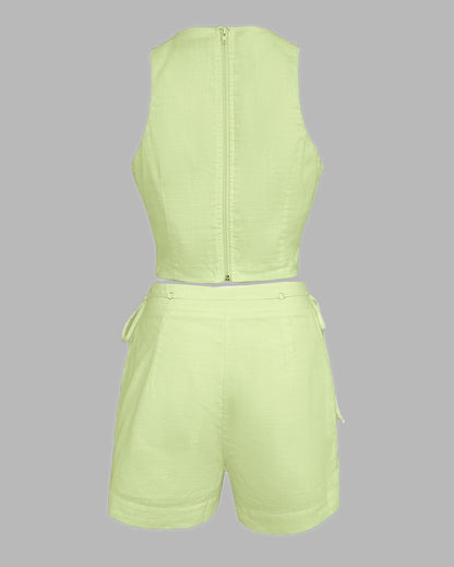 2 Pieces Outfit Button Decor Sleeveless Hollow-out Front Zipper Back Crop Top and Casual Elastic Back Waist Tie Side Shorts Set