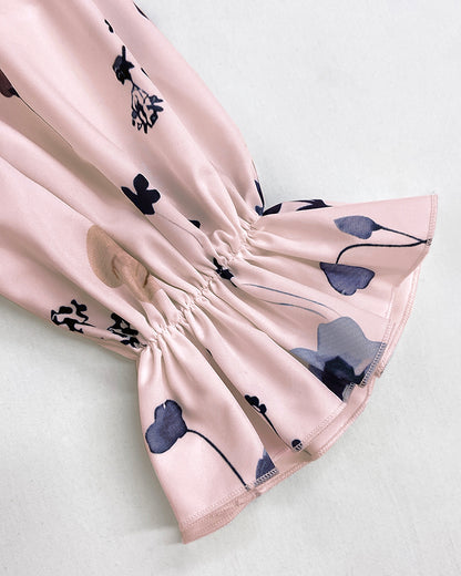 Floral Print Deep V-Neck Lantern Sleeve Casual Contrast Lace Tied Detail Blouse