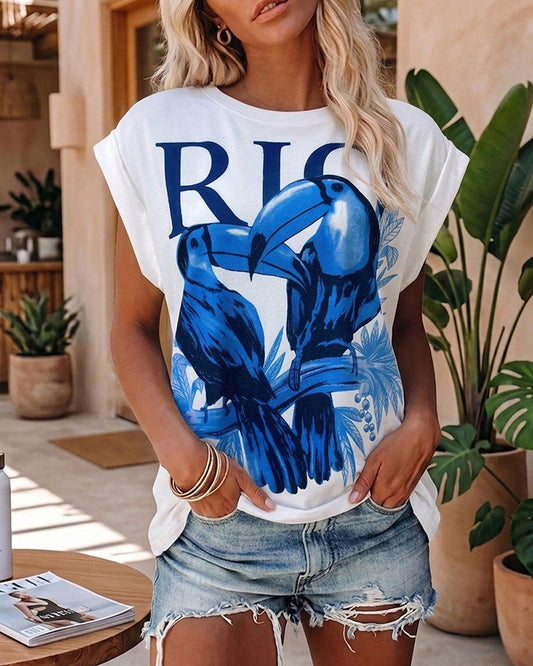 Birds & RIO Letter Print O-neck Short Sleeve Tee Casual Rolled Cuffs Top